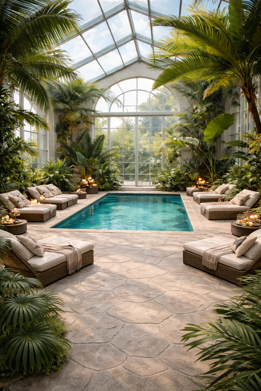 Eden solarium — indoor pool surrounded by tropical palms beneath a glass ceiling