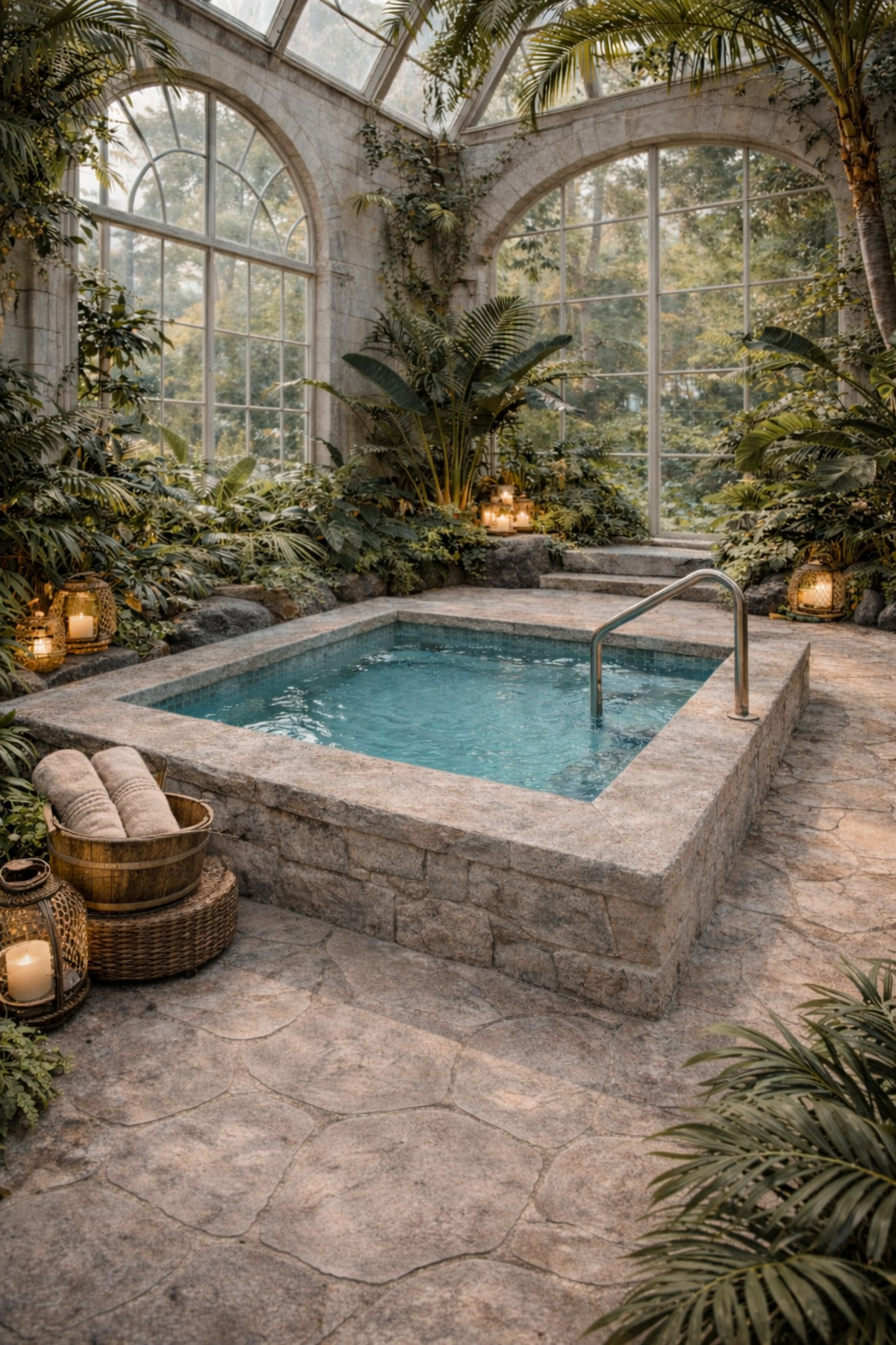 Eden cold plunge pool — stone-clad pool surrounded by tropical plants and lanterns beneath arched greenhouse windows